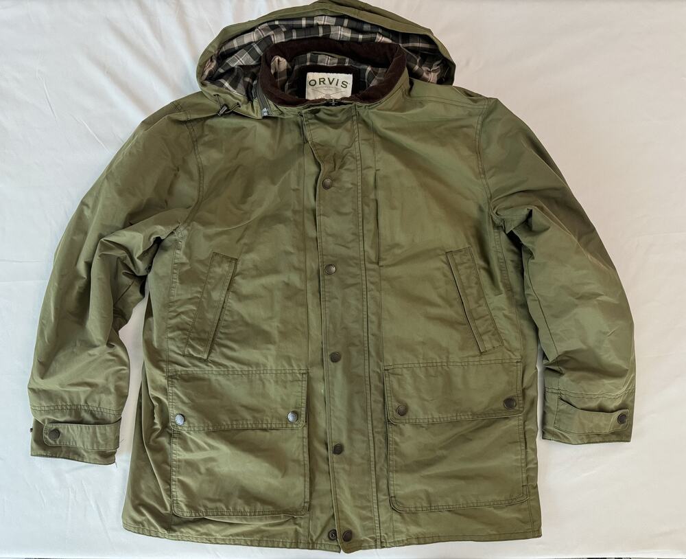 Orvis Wax Cloth Jacket Mens XL Green Hooded Canvas Plaid Lined Parka Outdoor